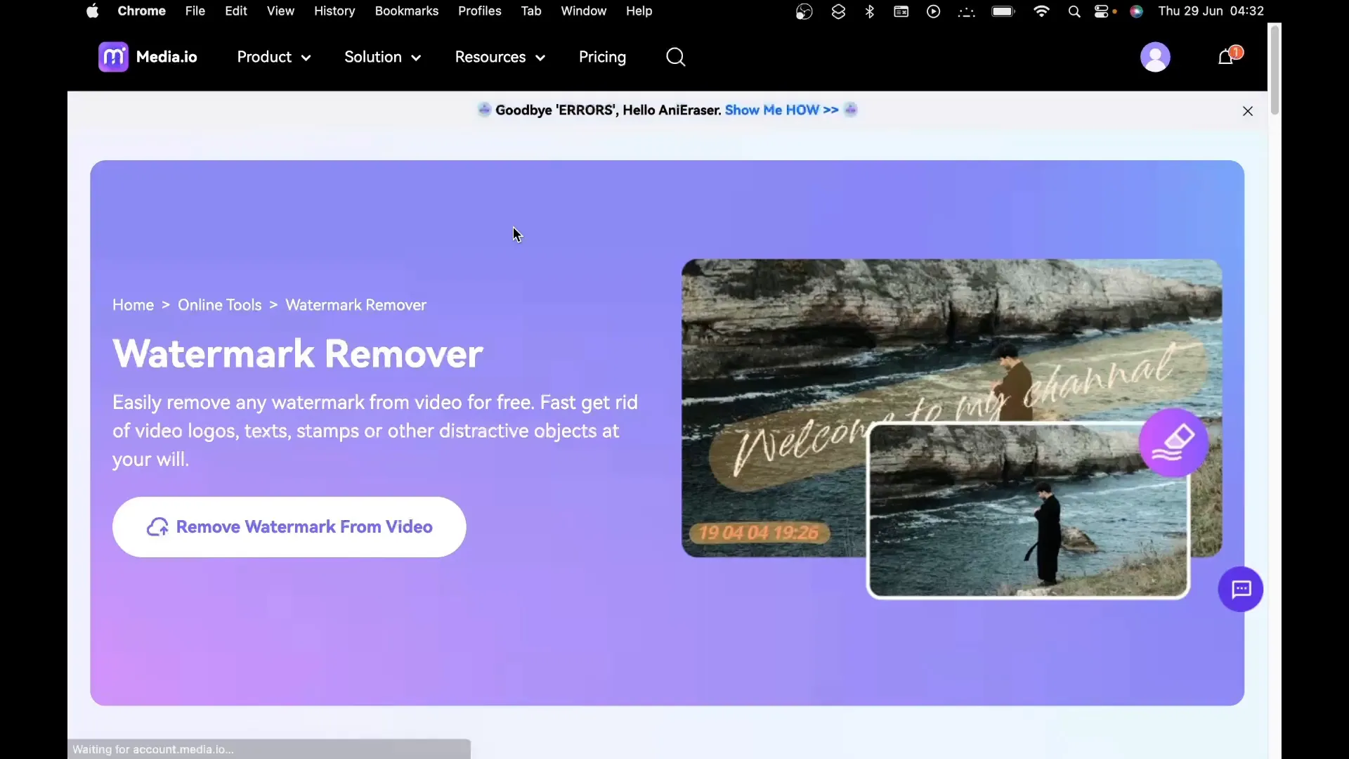 Navigating to the Media.io watermark removal tool