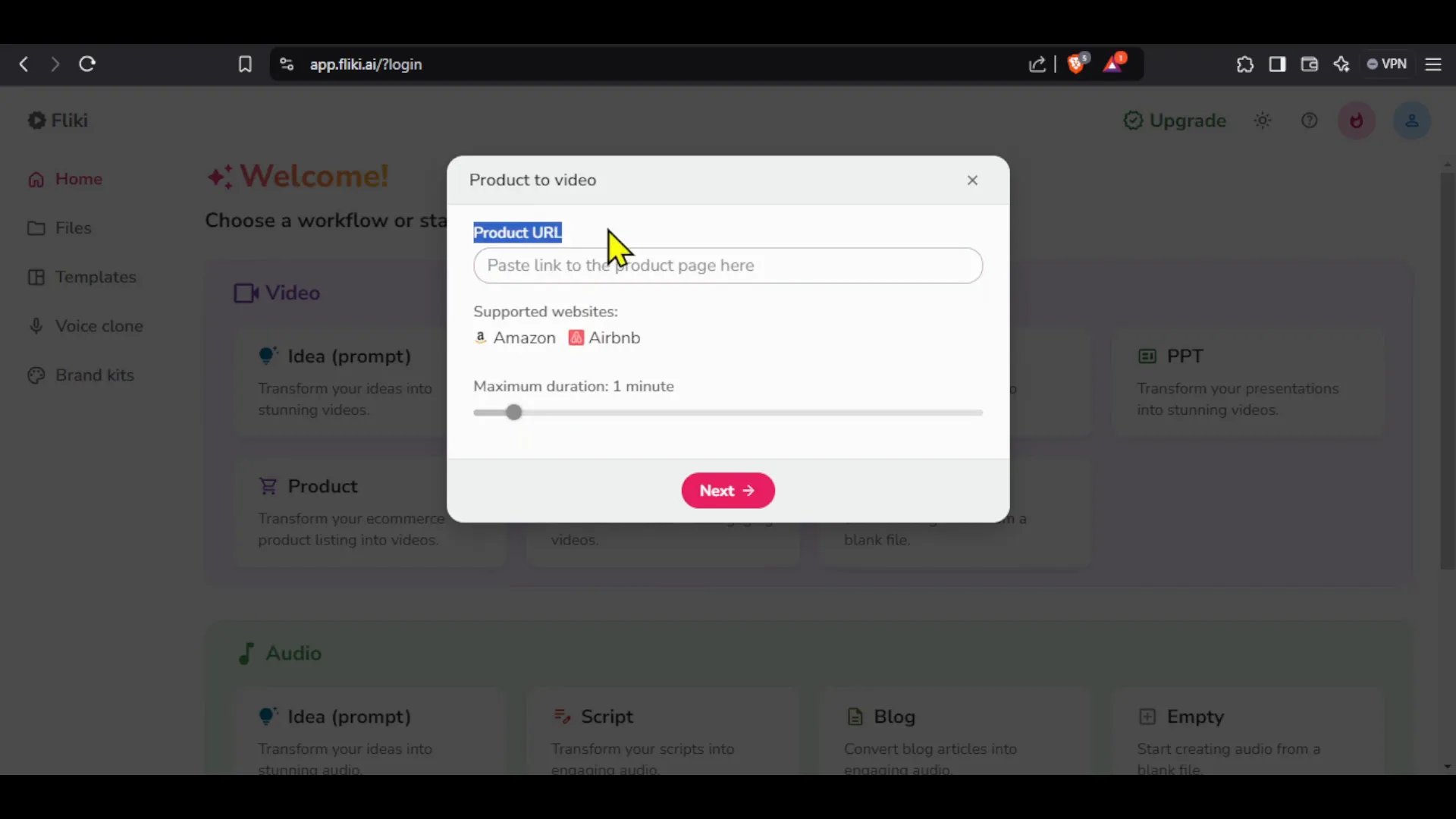 Input Product URL in Fliki AI