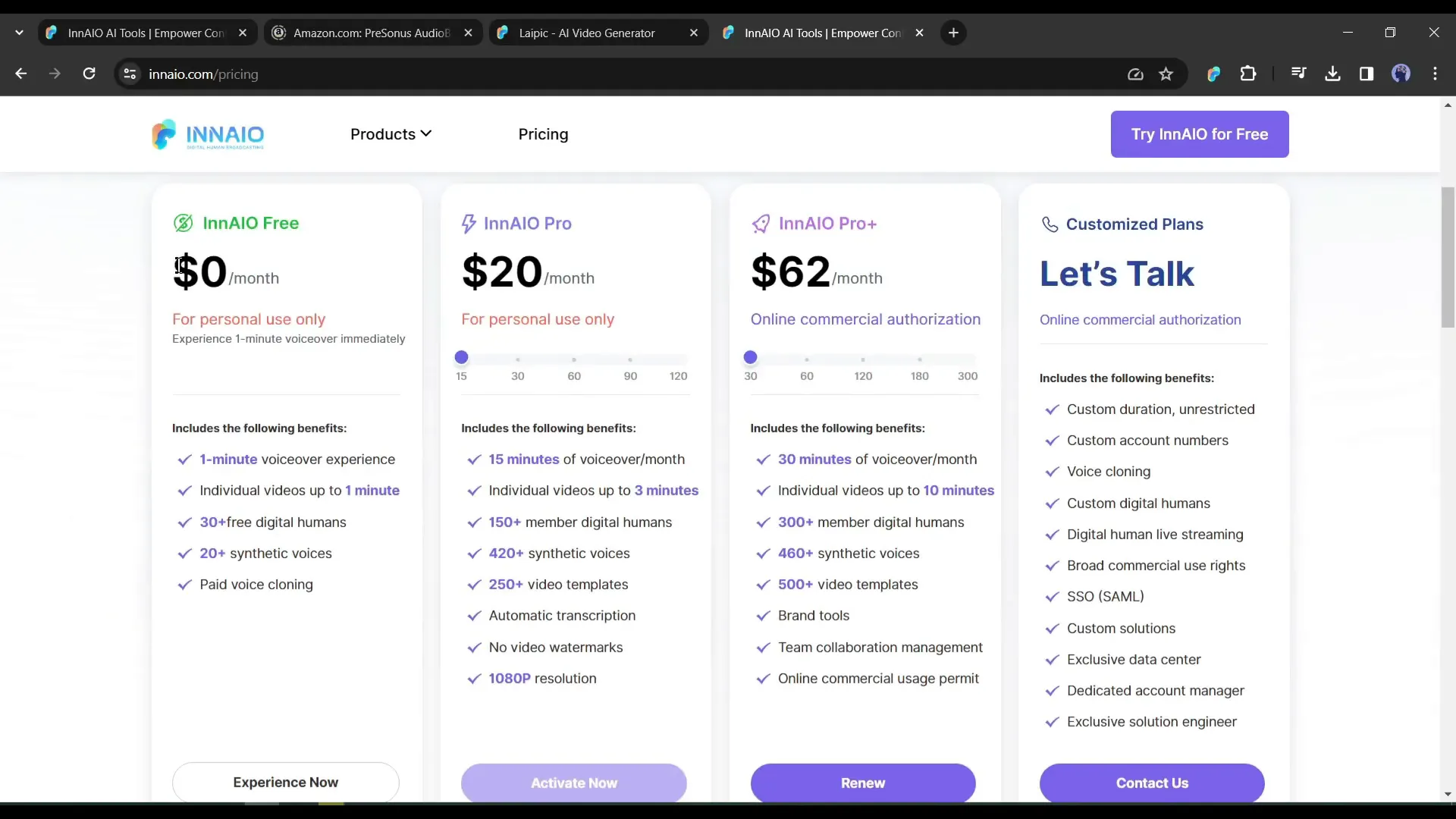 Feature Comparison of InnAIO and VidAU