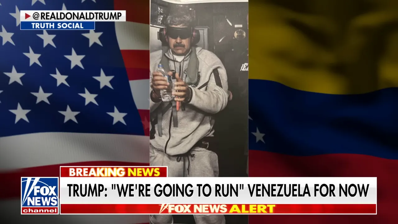 Television graphic: U.S. and Venezuelan flags flanking a central photo, overlaid with a 'BREAKING NEWS' ticker quoting 'We're going to run Venezuela for now.'