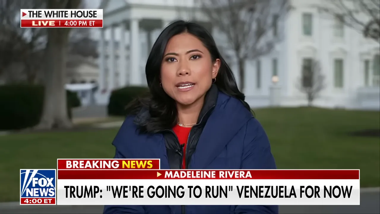 News correspondent reporting outside the White House with on-screen chyron saying 'TRUMP: 