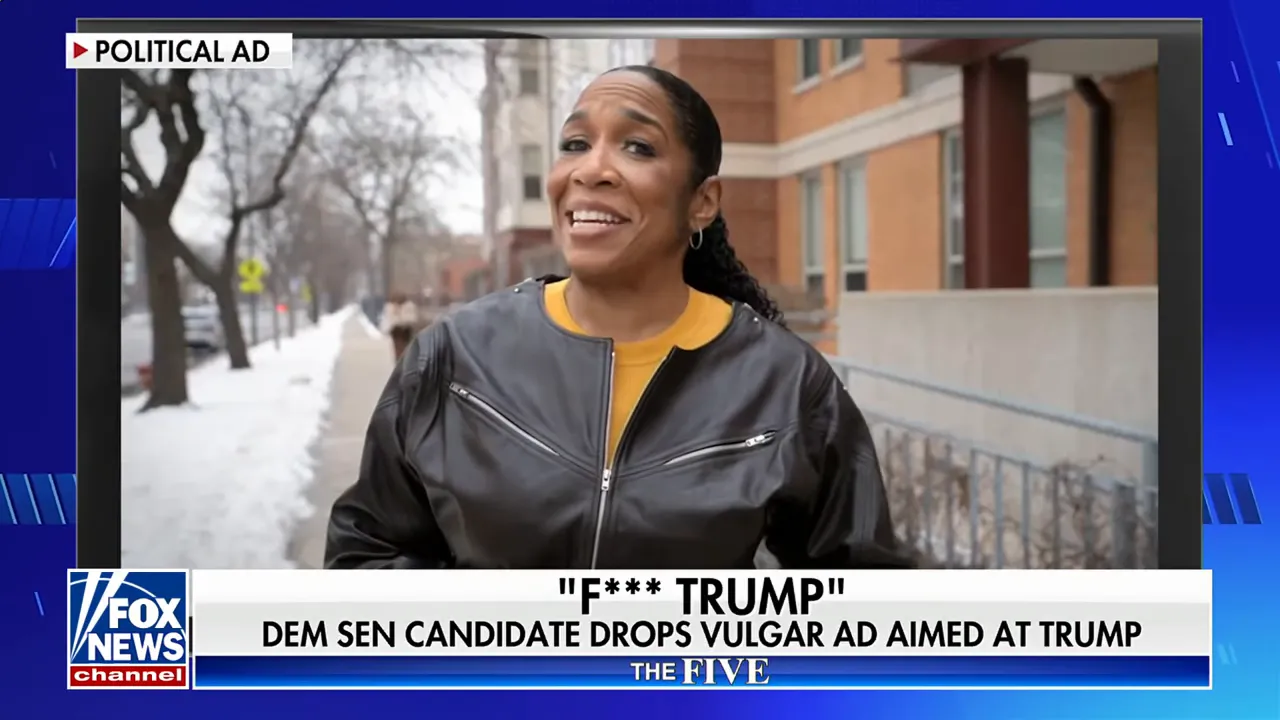 TV screenshot of a person speaking in a political ad with a news lower banner showing a censored expletive reference.