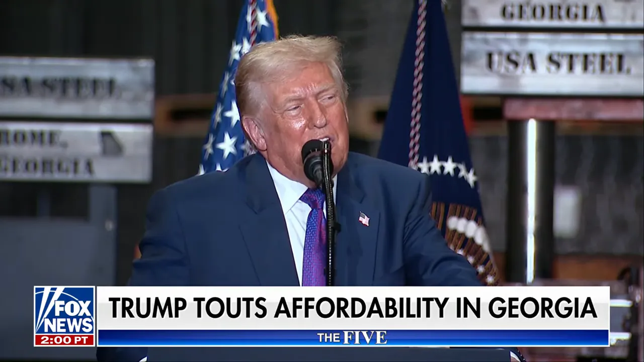 political candidate at podium with American flags behind and a news chyron about affordability