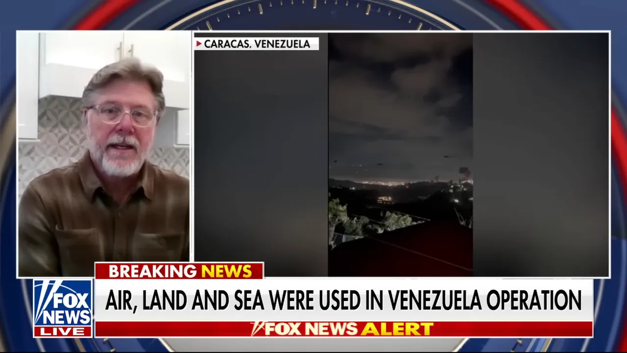 Fox News split-screen with remote guest on left and a vertical nighttime video labeled 'Caracas, Venezuela' showing city skyline and possible aircraft/helicopters.