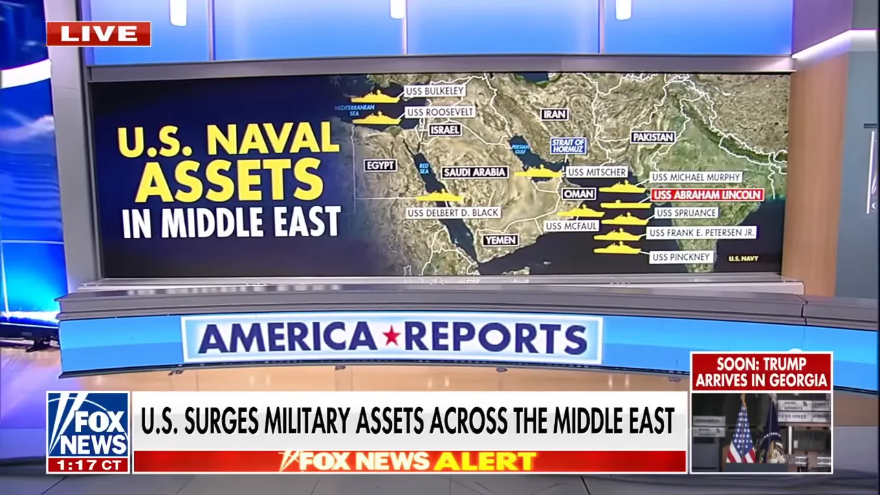 Clear television studio map graphic reading 'U.S. Naval Assets in Middle East' with labeled ship icons and geographic markers.
