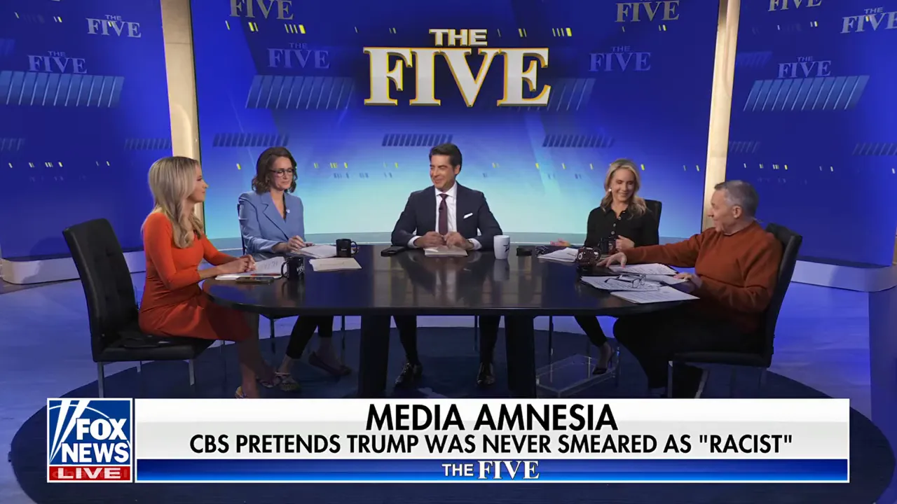 Wide shot of a television news roundtable with five hosts seated around a table and chyron reading 'MEDIA AMNESIA'.