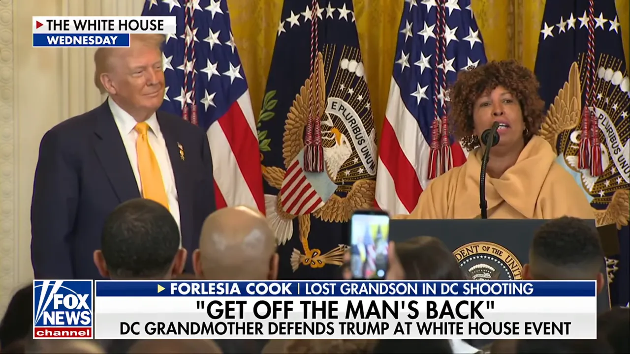 Grieving woman speaking at a White House podium with the president standing nearby and audience members filming on phones, clear wide shot and readable chyron.