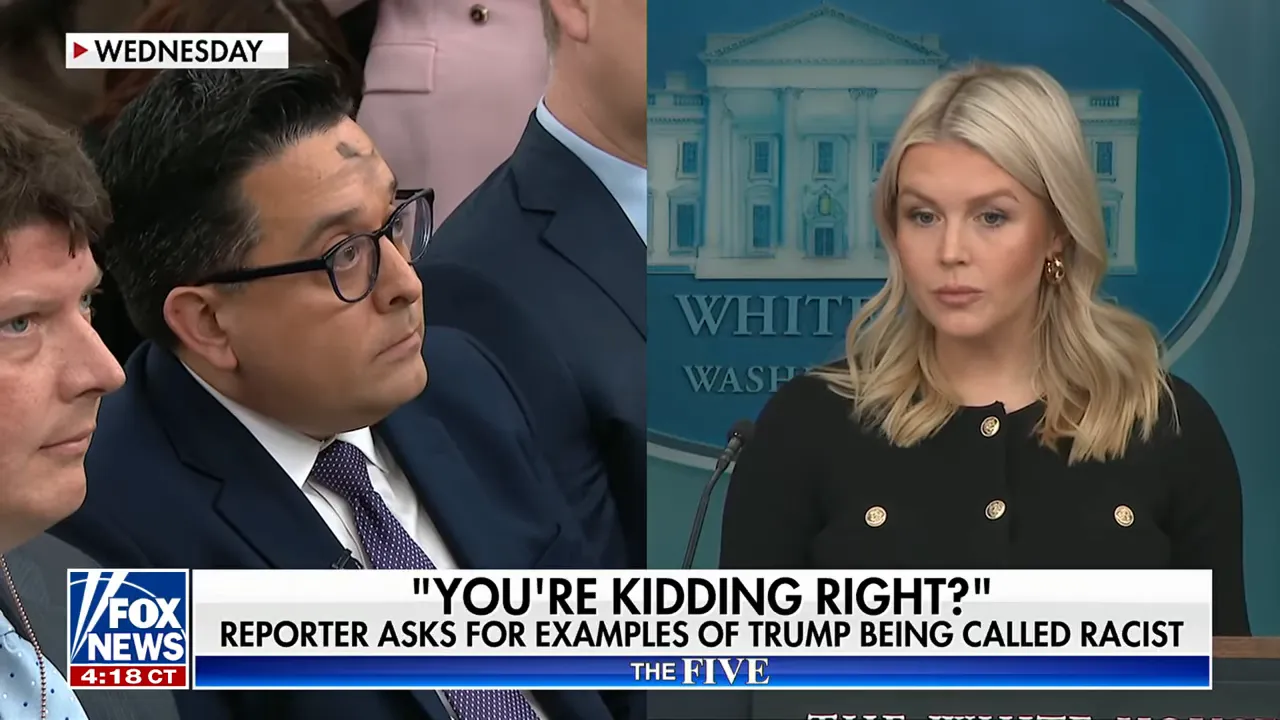 Clear split-screen screenshot showing a seated reporter looking up at left and a spokesperson at a podium at right.
