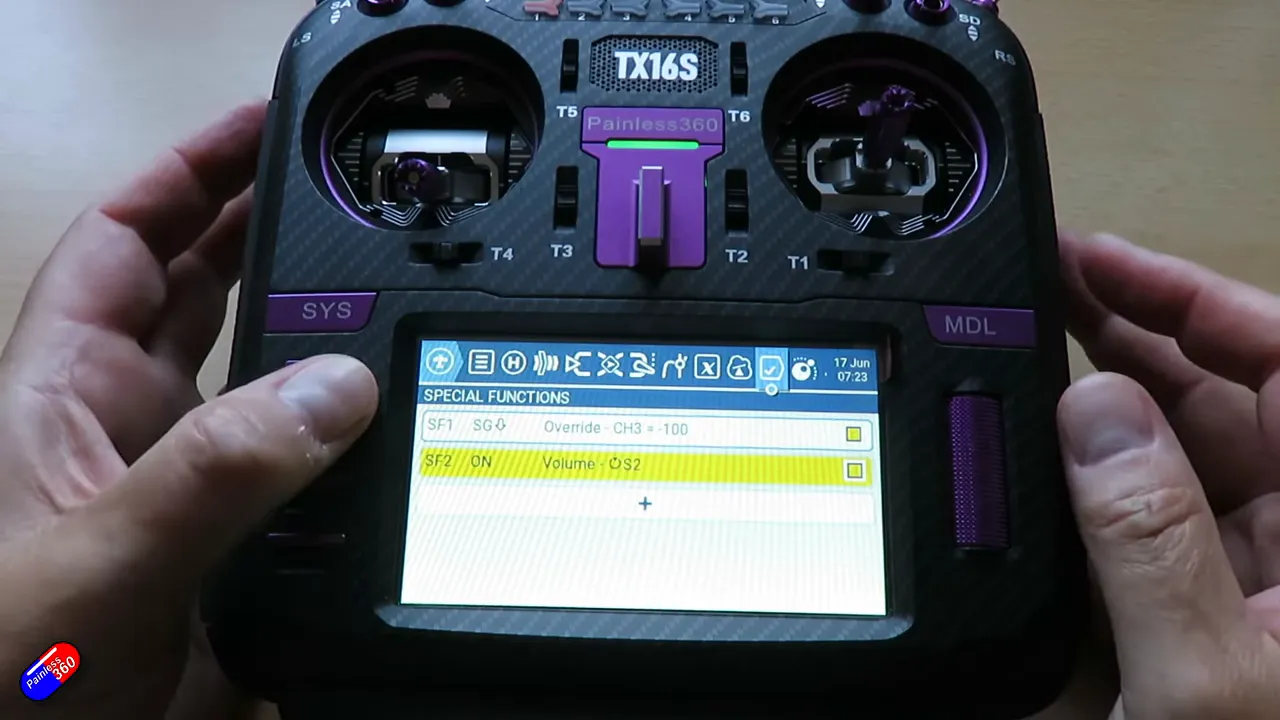 EdgeTX special functions menu showing Override CH3 -100 and Volume S2