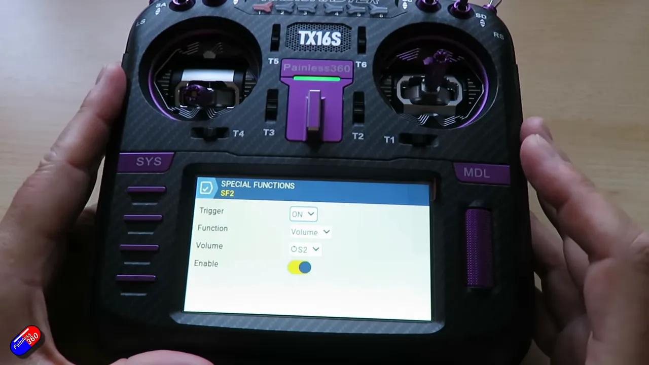 EdgeTX Special Functions edit screen showing Trigger set to On, Function set to Volume, Volume source S2 and Enable toggle