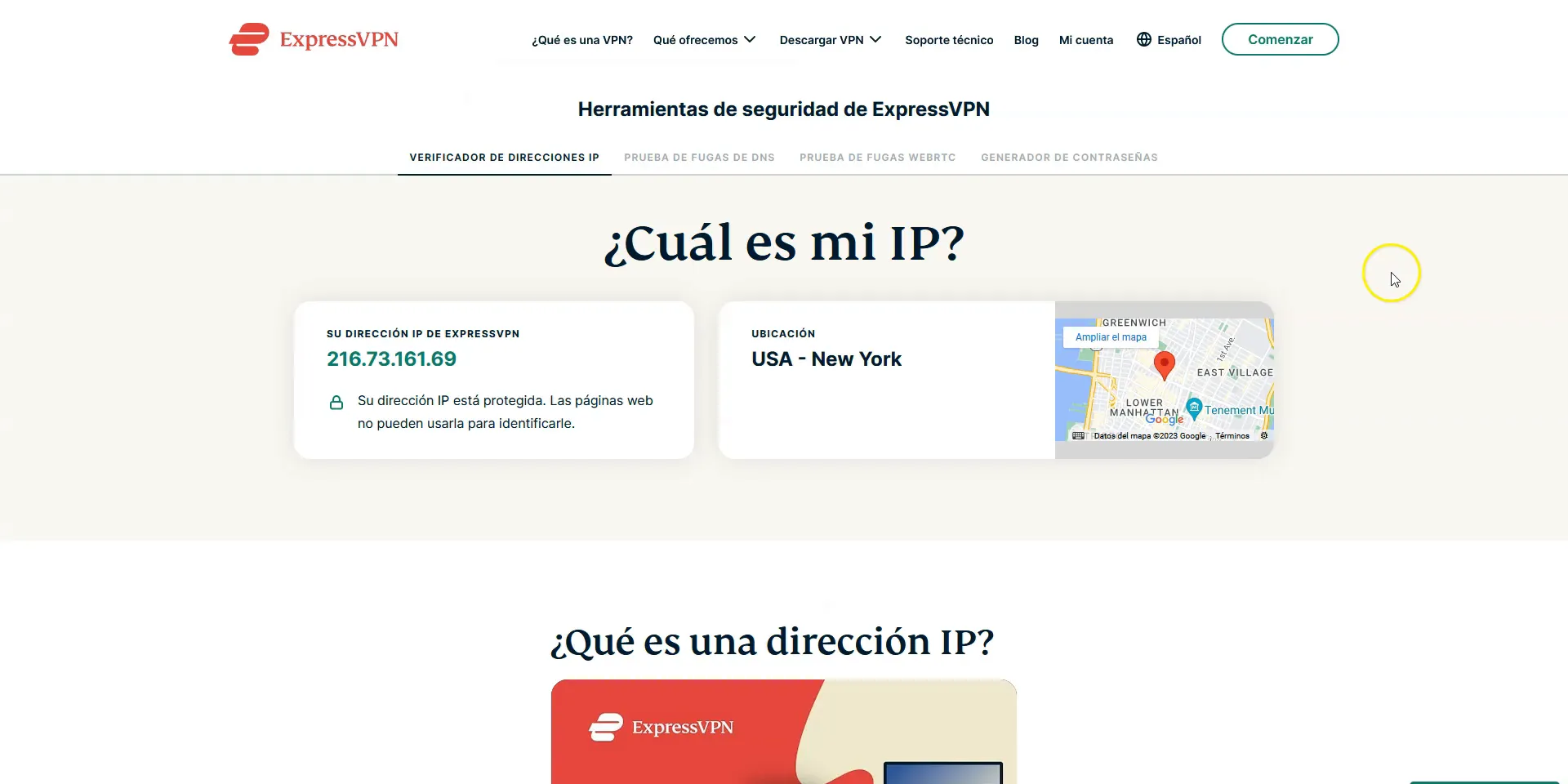 Verificando la nueva dirección IP en ExpressVPN