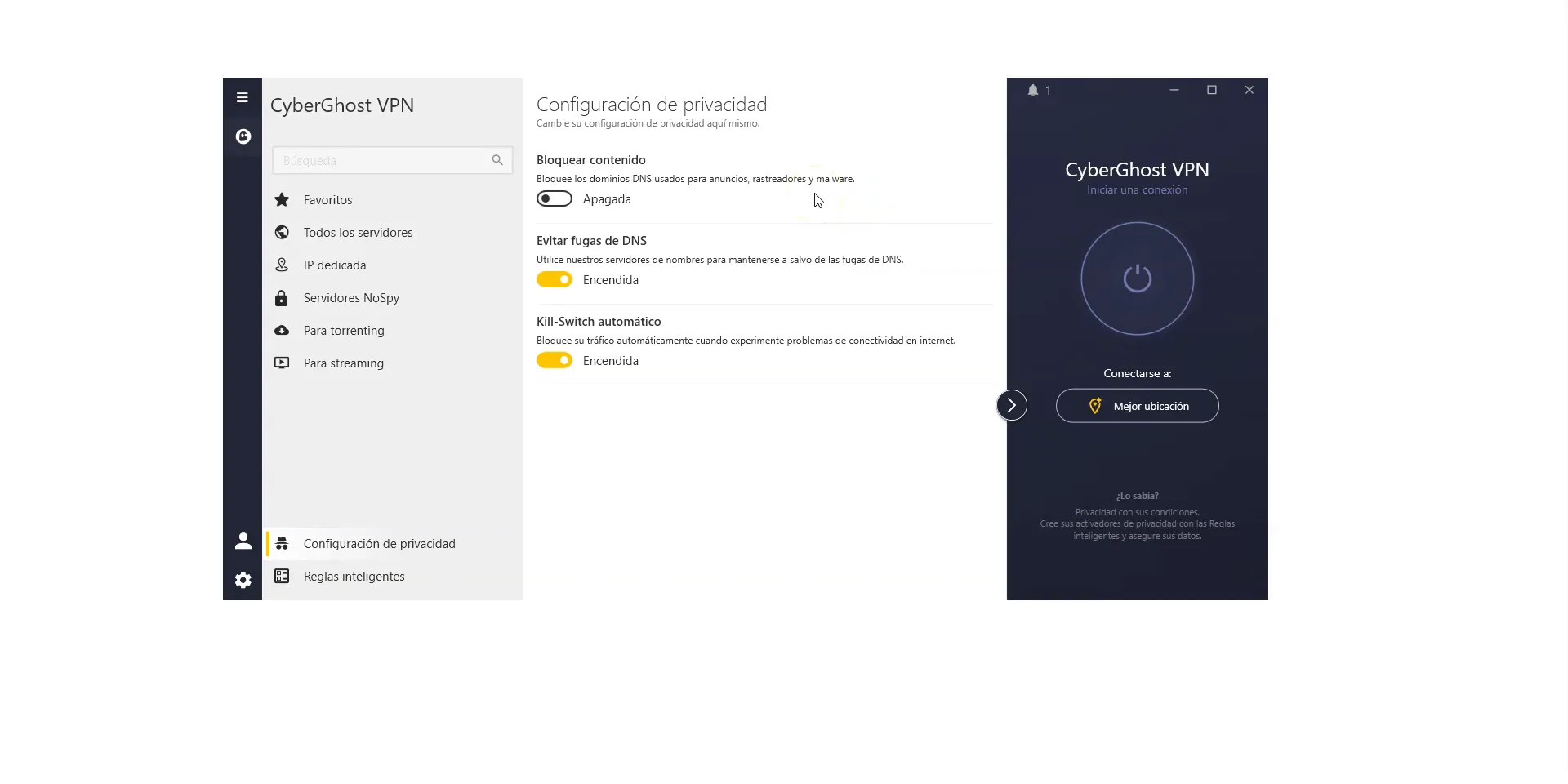 Ajustes de privacidad en CyberGhost VPN