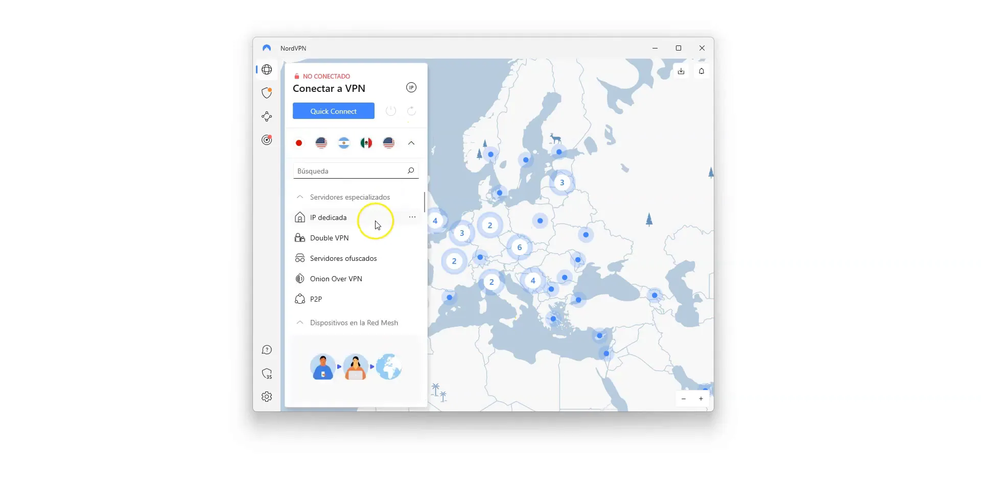 Interfaz del mapa de NordVPN mostrando conexiones a diferentes países