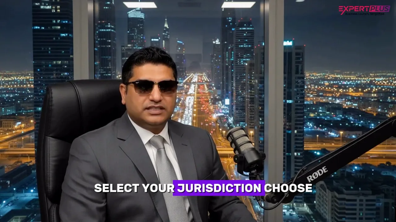 Presenter at desk with microphone and Dubai night skyline behind, text overlay 'SELECT YOUR JURISDICTION CHOOSE'.