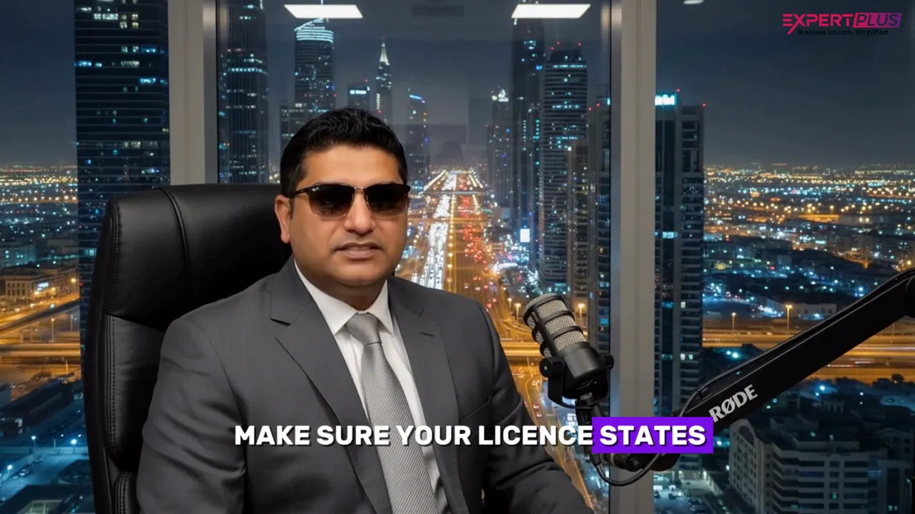 Presenter at desk with microphone and Dubai skyline at night, on-screen text reading 'MAKE SURE YOUR LICENCE STATES'.