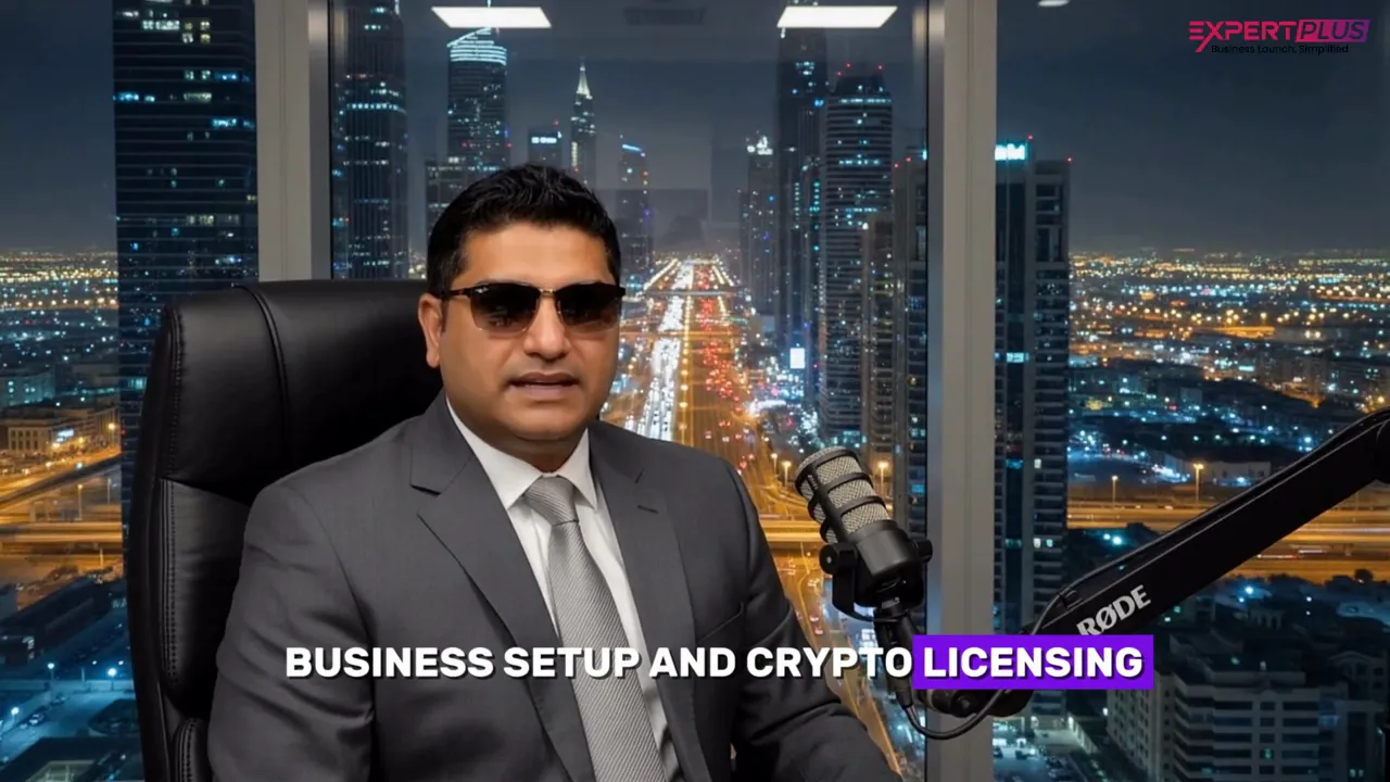 Presenter at a desk with microphone and Dubai night skyline behind him; on-screen text reads 'BUSINESS SETUP AND CRYPTO LICENSING'.
