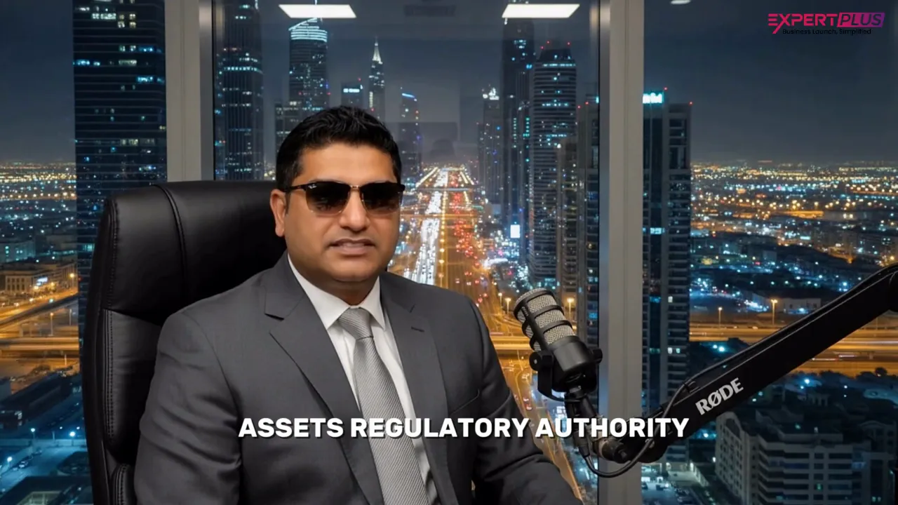 Presenter in office with Dubai skyline at night and on-screen text 'ASSETS REGULATORY AUTHORITY', with microphone and RØDE arm visible