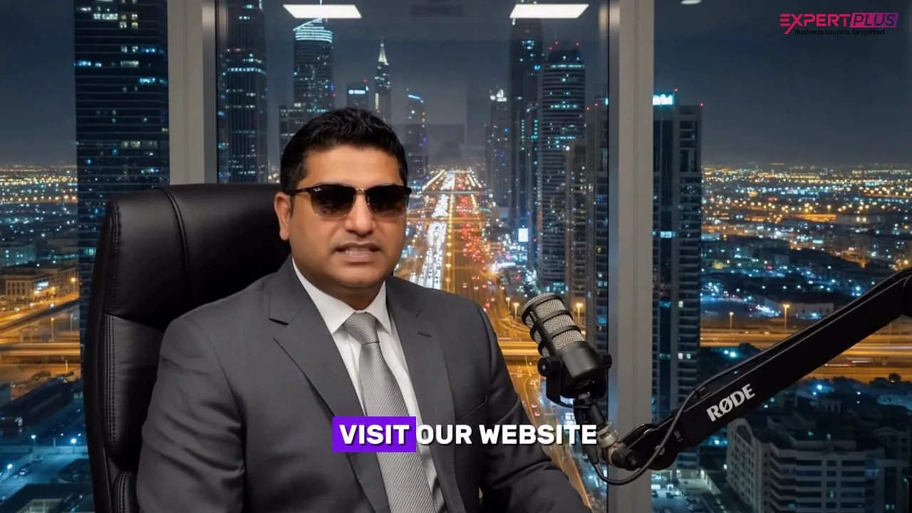 Presenter in a suit at a desk with a Rode microphone and Dubai night skyline in the background; on-screen call-to-action reads 'VISIT OUR WEBSITE'.