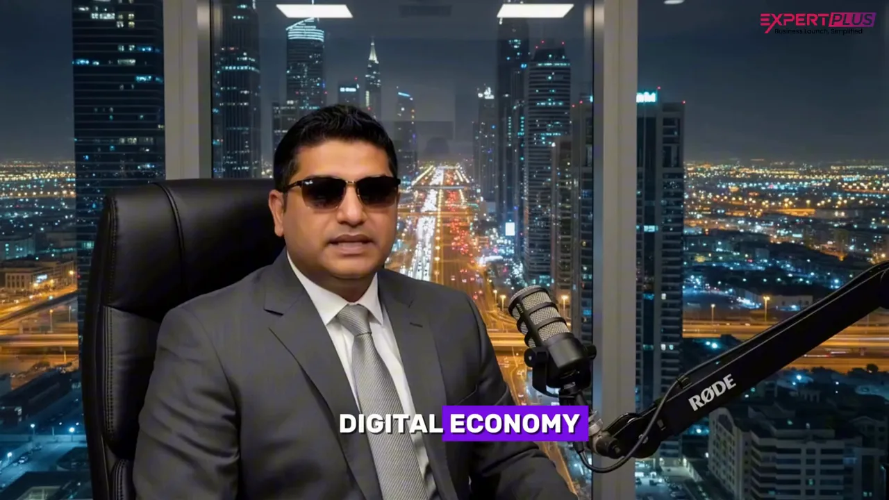 Presenter in front of Dubai night skyline with caption 'Digital Economy' and studio microphone