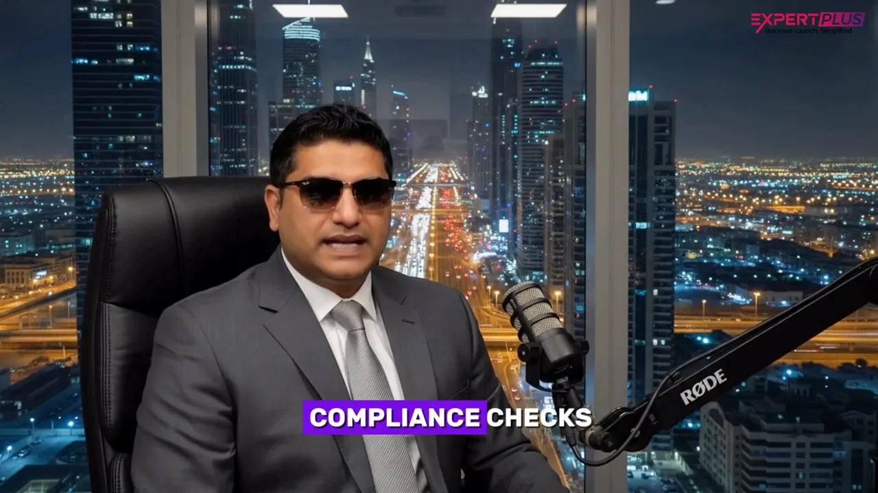 Presenter in office with city skyline and on-screen text 'COMPLIANCE CHECKS'