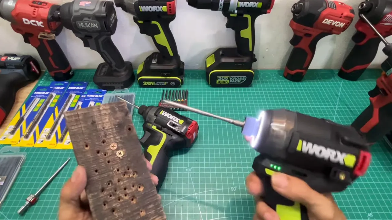Close-up of Worx driver inserting a screw into wood with LED light on, demonstrating smooth trigger control