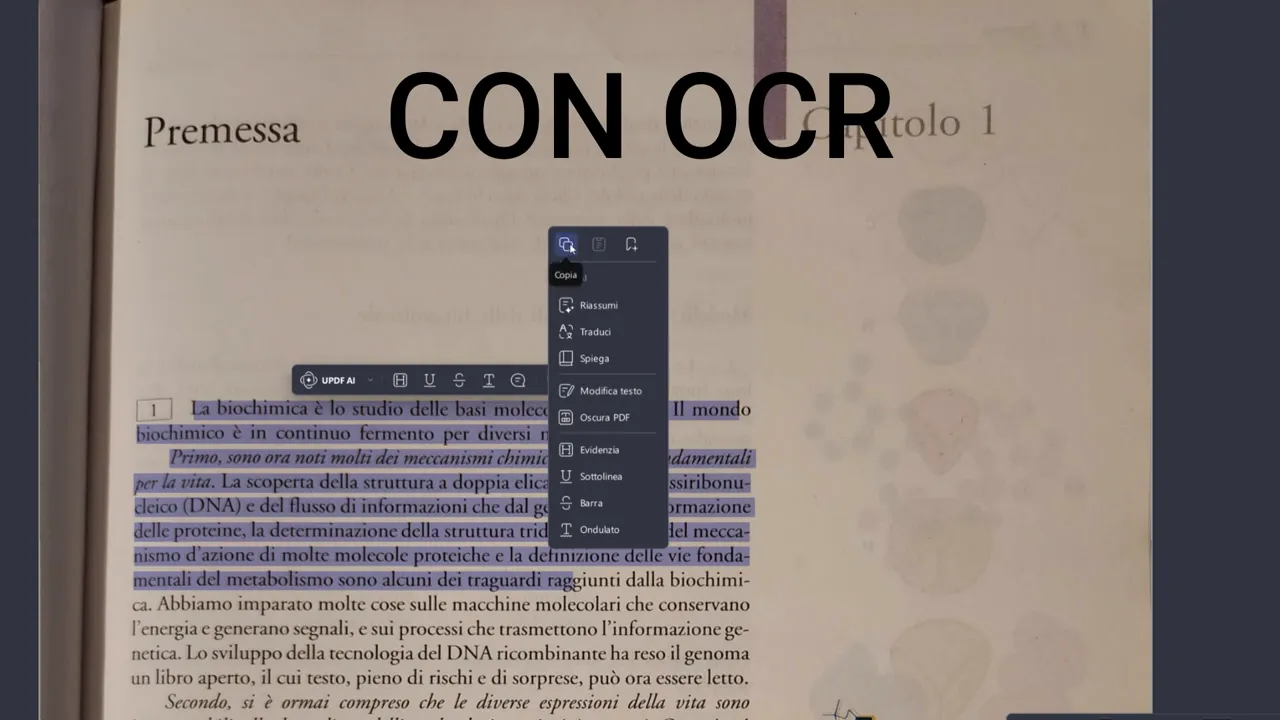 Pagina di libro con testo selezionato e menu contestuale dell'app (UPDF AI) che mostra azioni come Copia, Riassumi, Traduci, Spiega.