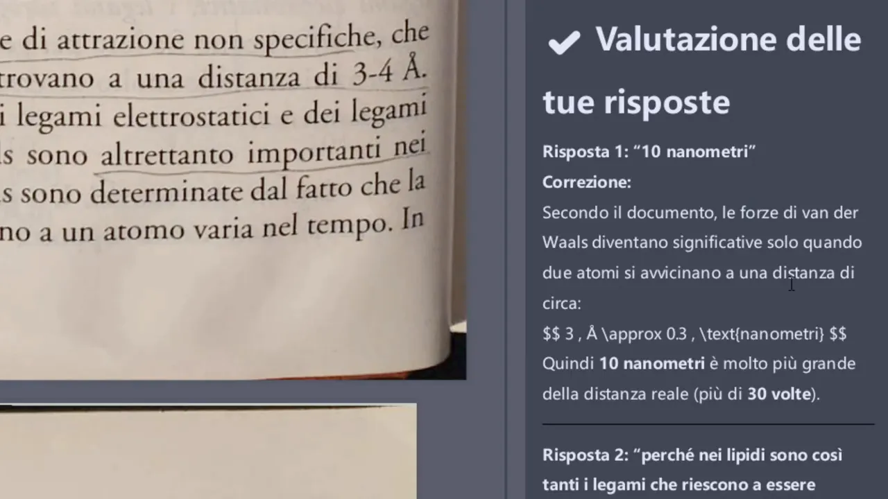 Interfaccia AI che mostra 'Valutazione delle tue risposte' con spiegazioni