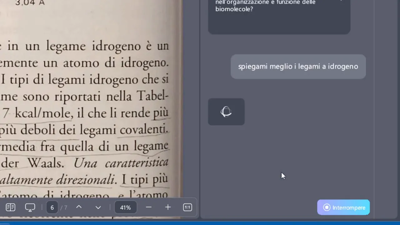 Screenshot che mostra la pagina del libro a sinistra e sulla destra un messaggio inviato 'spiegami meglio i legami a idrogeno' con icona di caricamento