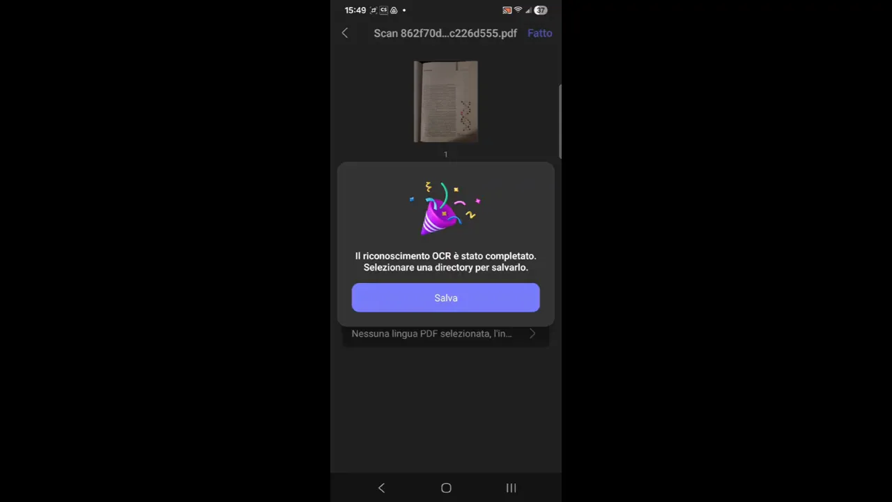 Messaggio di conferma 'Il riconoscimento OCR è stato completato. Selezionare una directory per salvarlo.' con pulsante 'Salva'.