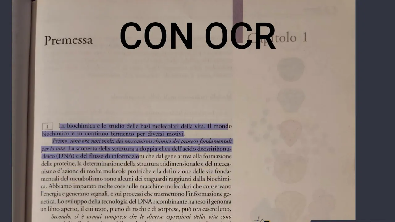 Pagina di libro con righe di testo evidenziate in blu che mostrano il risultato dell'OCR