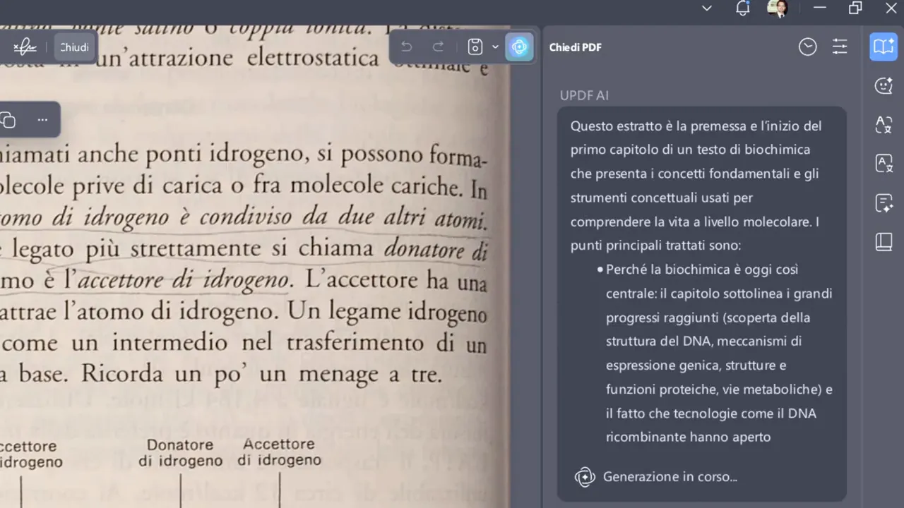 Schermata con pagina scansionata a sinistra e pannello AI a destra che visualizza un riassunto e punti elenco