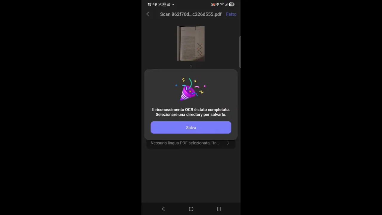 Popup che mostra il messaggio 'Il riconoscimento OCR è stato completato. Selezionare una directory per salvarlo.' con pulsante Salva