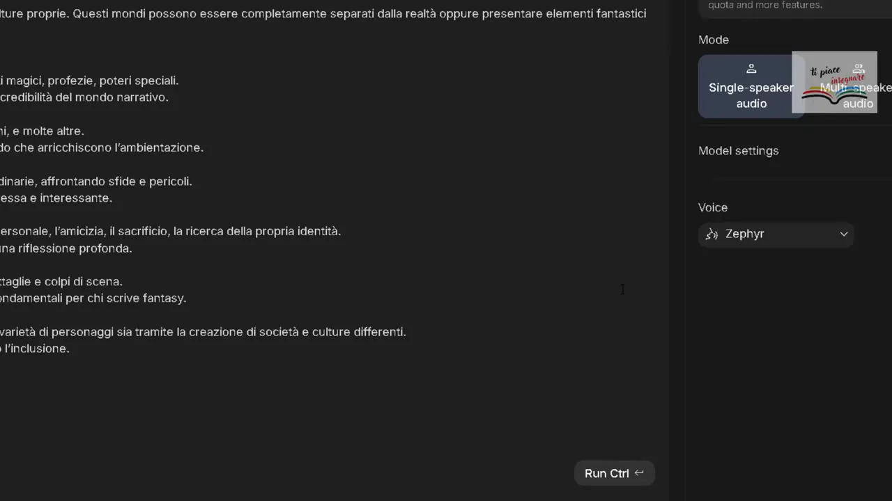 Pulsante Run evidenziato nell'interfaccia di Google AI Studio per generare audio dal testo con la voce Zephyr selezionata.