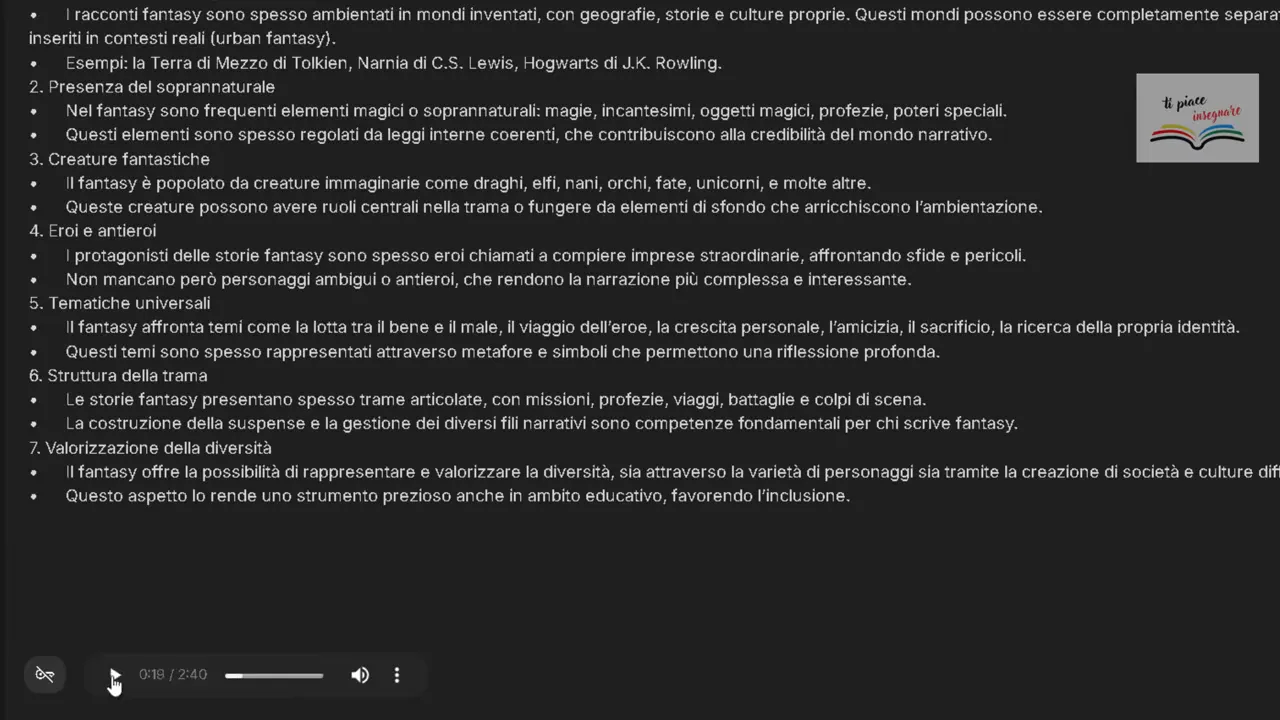 Player audio con barra di avanzamento, controllo volume e icona menu a tre puntini per il download