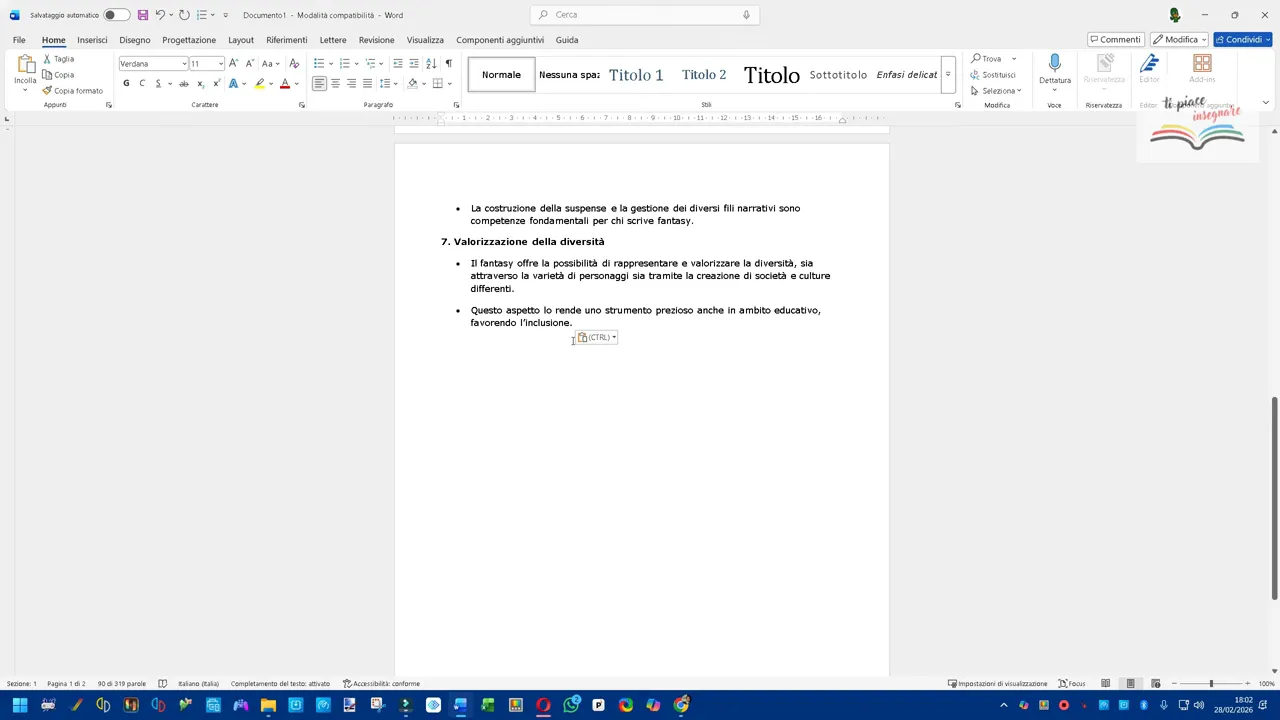 Documento Word con paragrafo sul genere fantasy pronto per la conversione in audio.