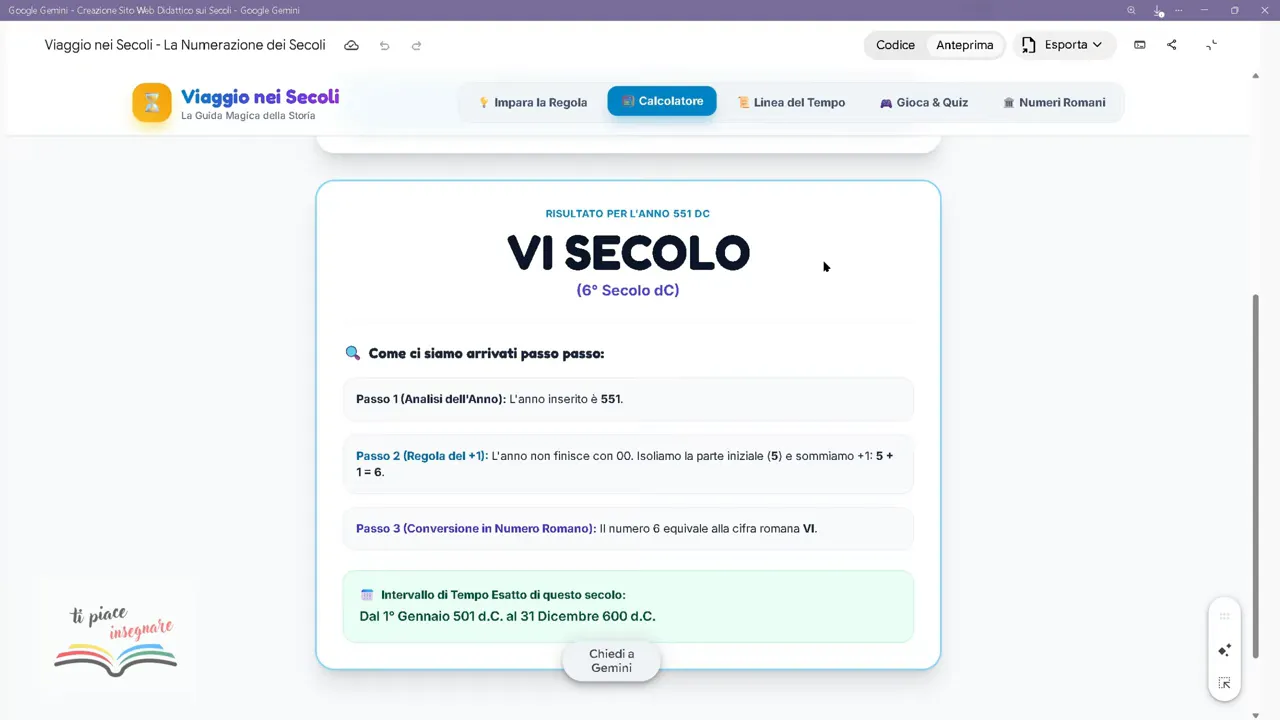 Risultato del calcolatore con VI secolo e spiegazione del procedimento