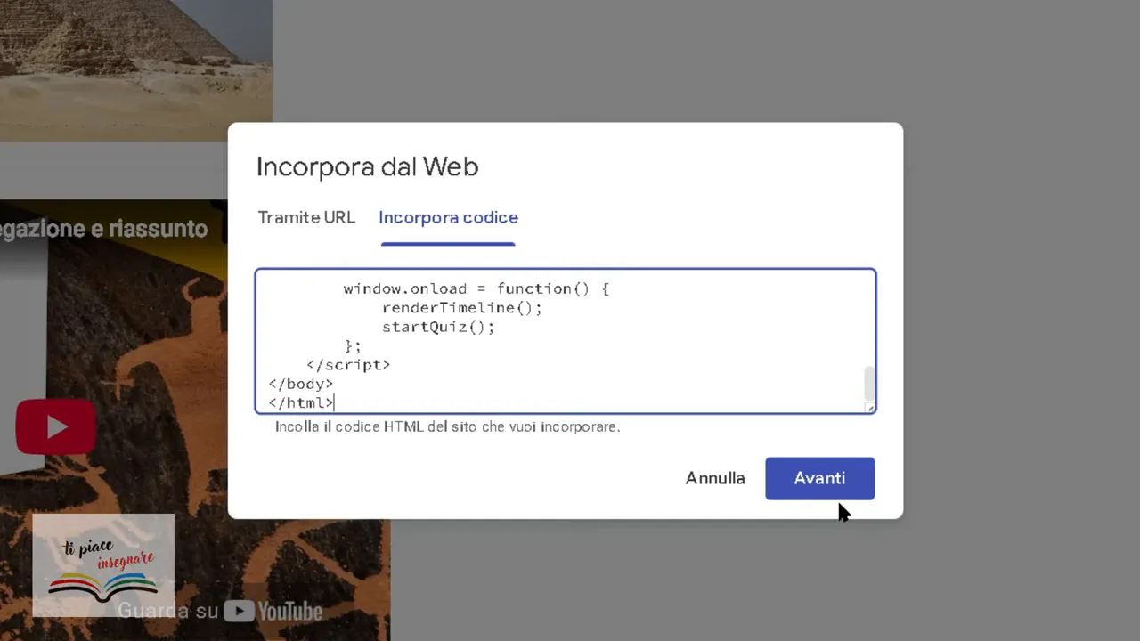 Finestra Incorpora dal Web di Google Sites con codice HTML inserito