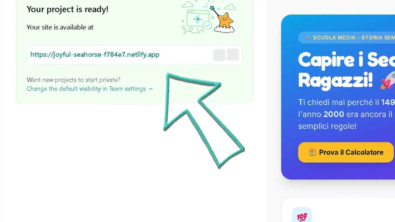 Pannello Netlify con indirizzo del sito pubblicato e anteprima del sito sui secoli
