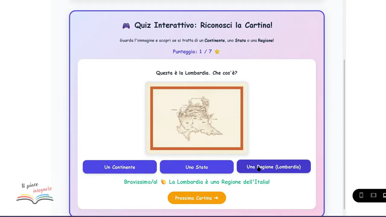 Quiz con cartina della Lombardia, risposta regione evidenziata e feedback positivo