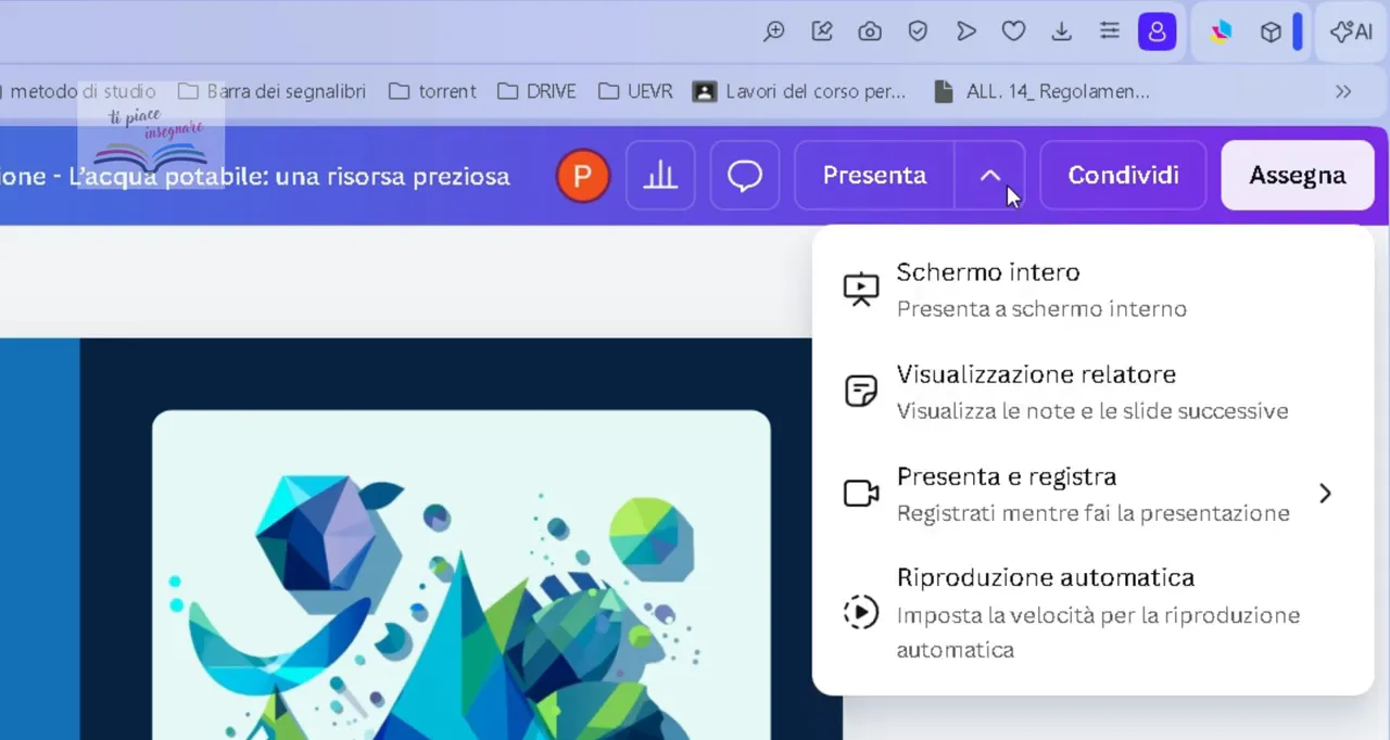 Menu Canva con opzione “Presenta e registra” selezionabile per registrare mentre scorri le slide