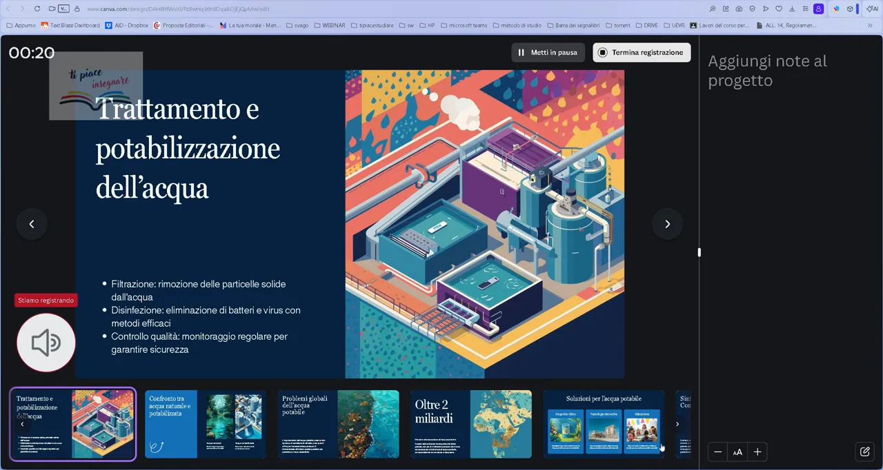 Schermata Canva durante la registrazione con slide sul trattamento e potabilizzazione dell’acqua