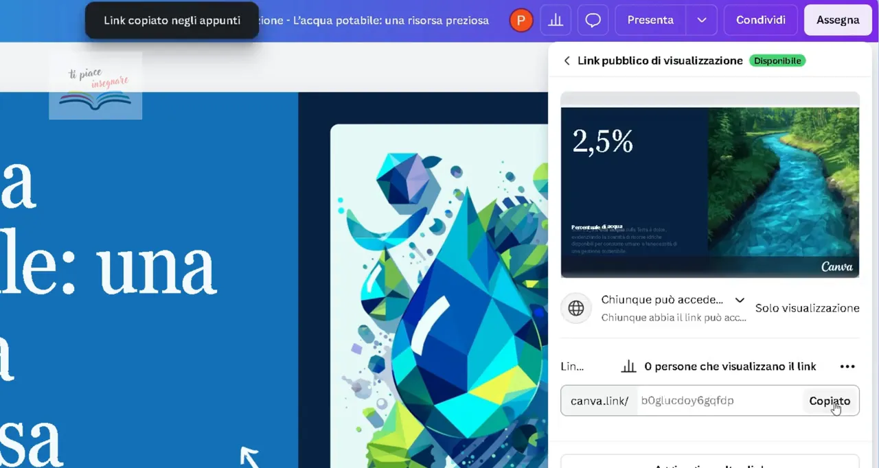 Schermata Canva con link pubblico di visualizzazione disponibile e pulsante “Copia”