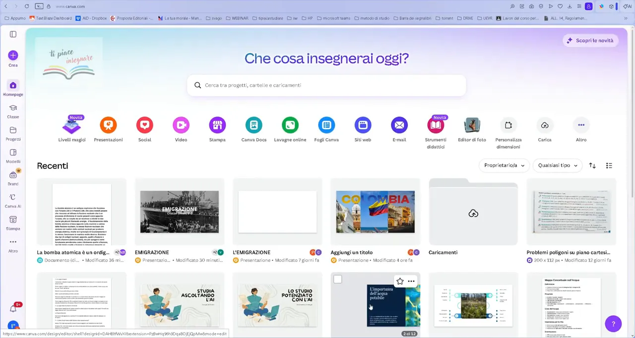 Dashboard Canva con ricerca e anteprime delle presentazioni recenti