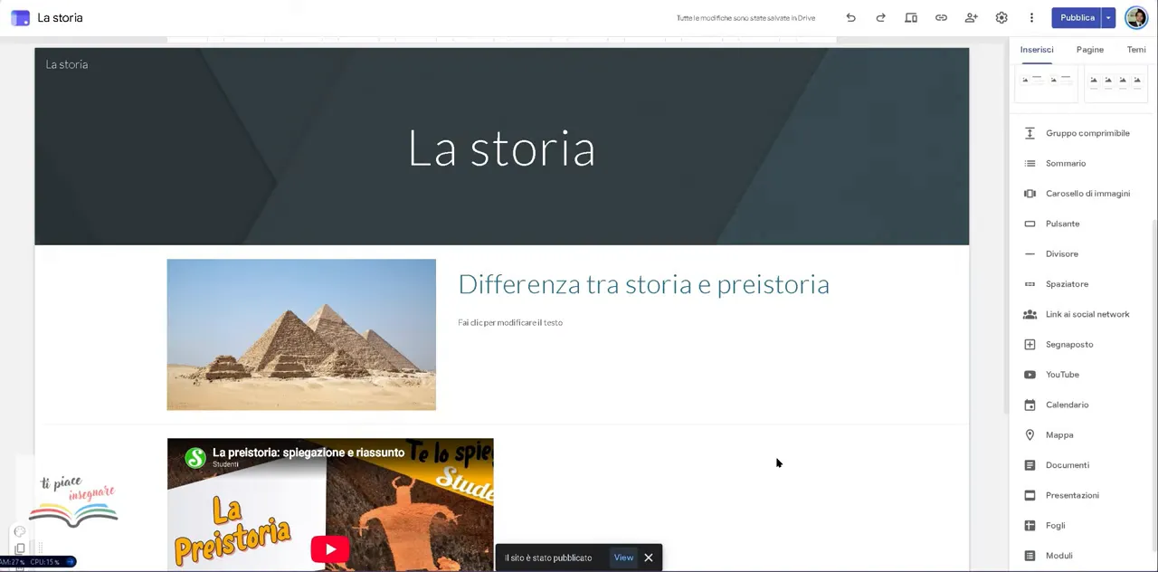 Sito pubblicato La storia con immagine delle piramidi, titolo della sezione e video incorporato