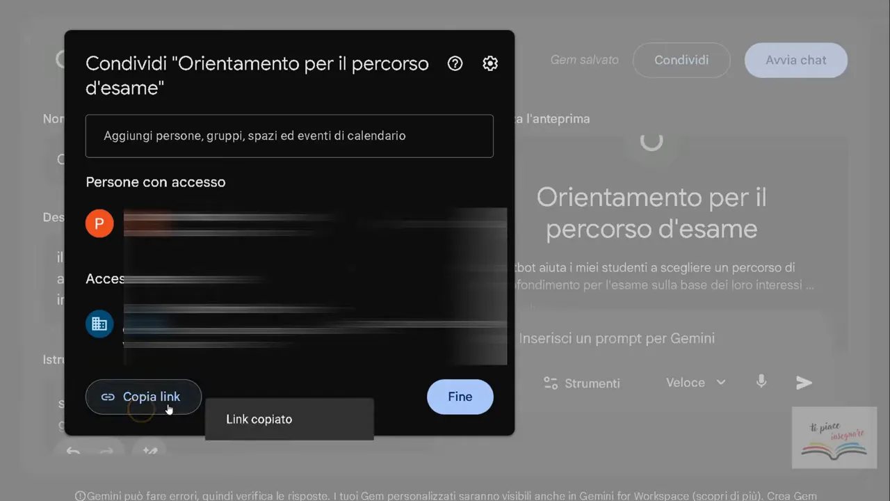 Finestra 'Condividi' del Gem che mostra il pulsante 'Copia link' e la notifica 'Link copiato'.