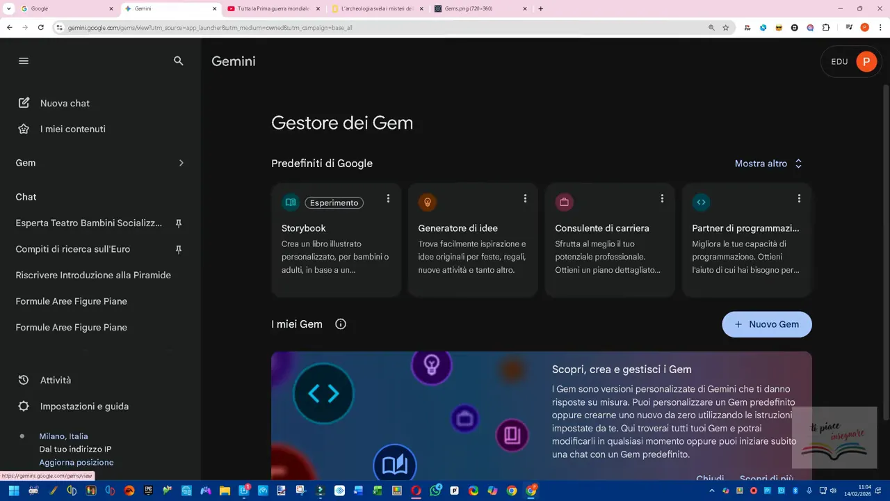 Schermata del Gestore dei Gem in Gemini che mostra schede predefinite e il menu laterale