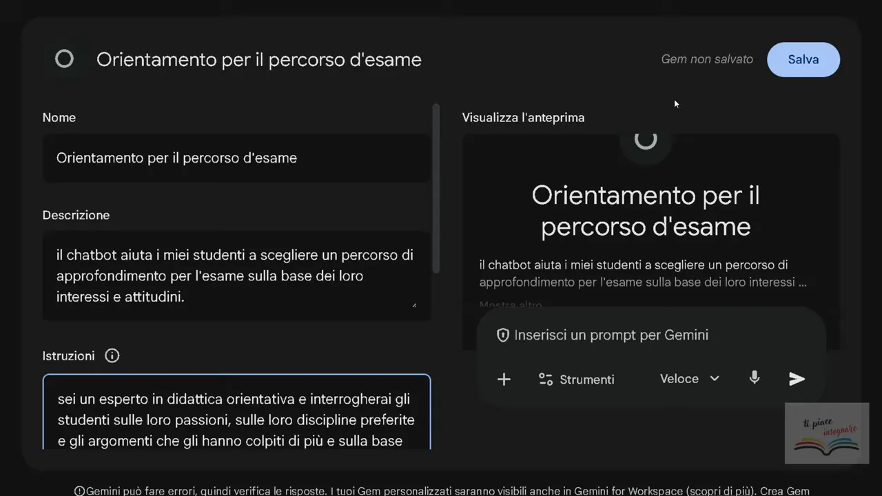 Interfaccia Gemini che mostra il nome del Gem, la descrizione e il campo istruzioni per creare un chatbot di orientamento