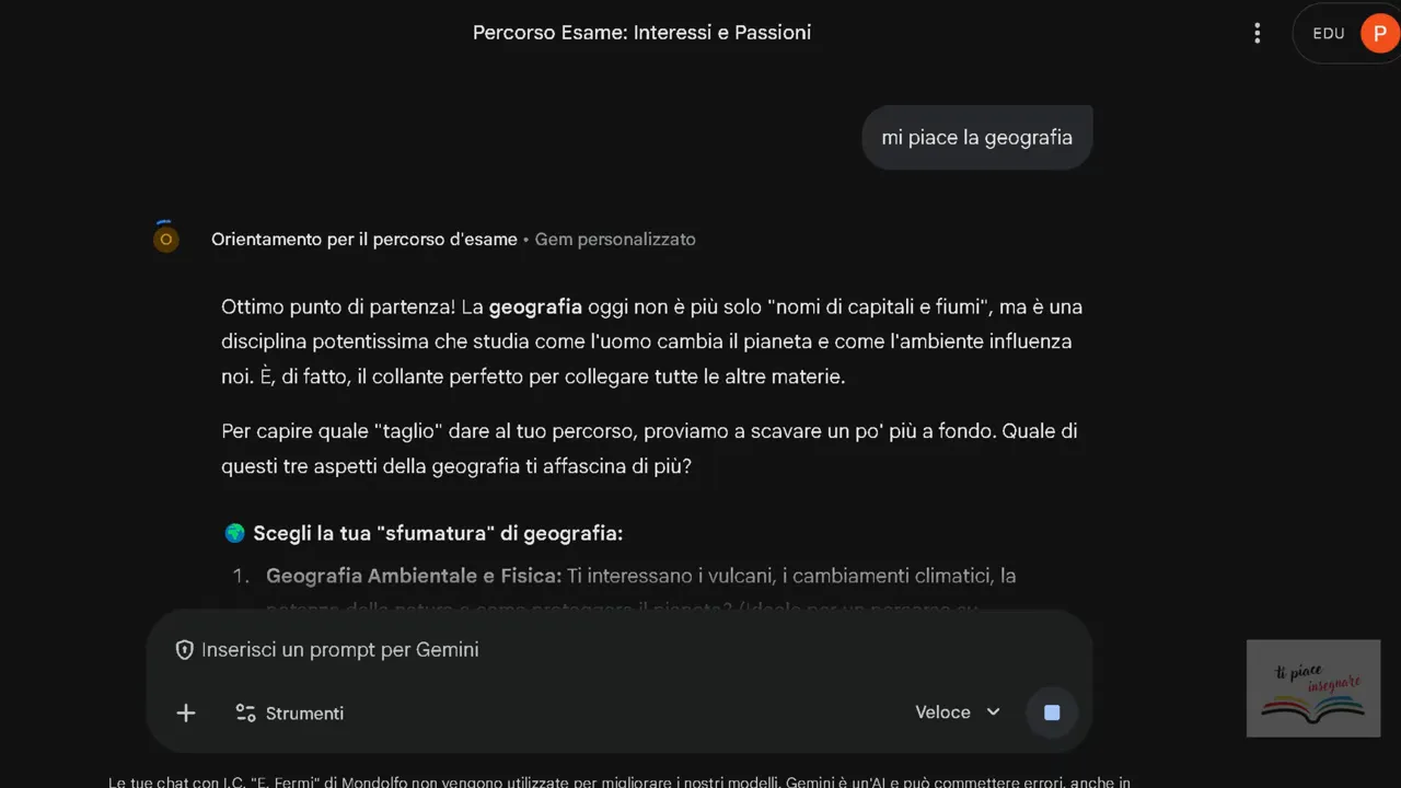 Risposta del gem che descrive la geografia come disciplina e chiede quale aspetto affascina di più, con elenco di opzioni