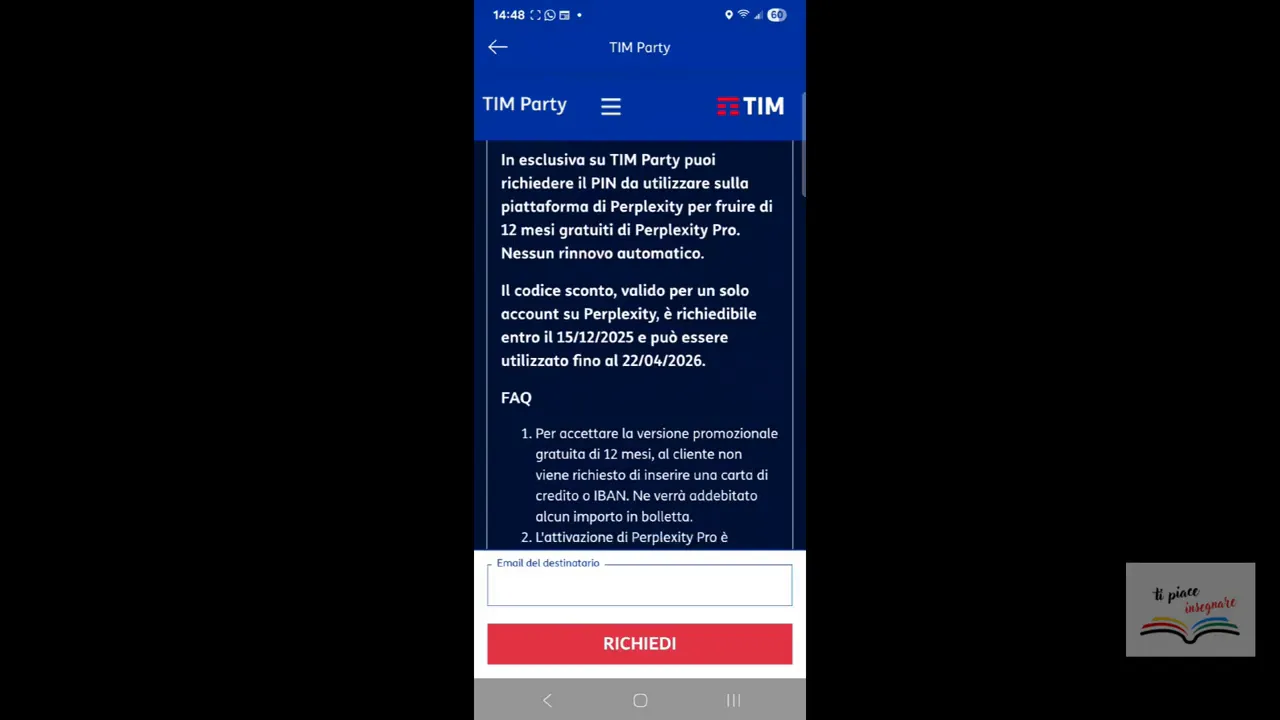 Vista centrata del modulo TIM Party con campo per l'email e il grande pulsante rosso RICHIEDI