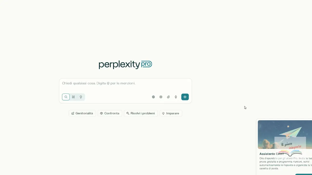 Schermata web di Perplexity Pro con campo di ricerca e suggerimenti